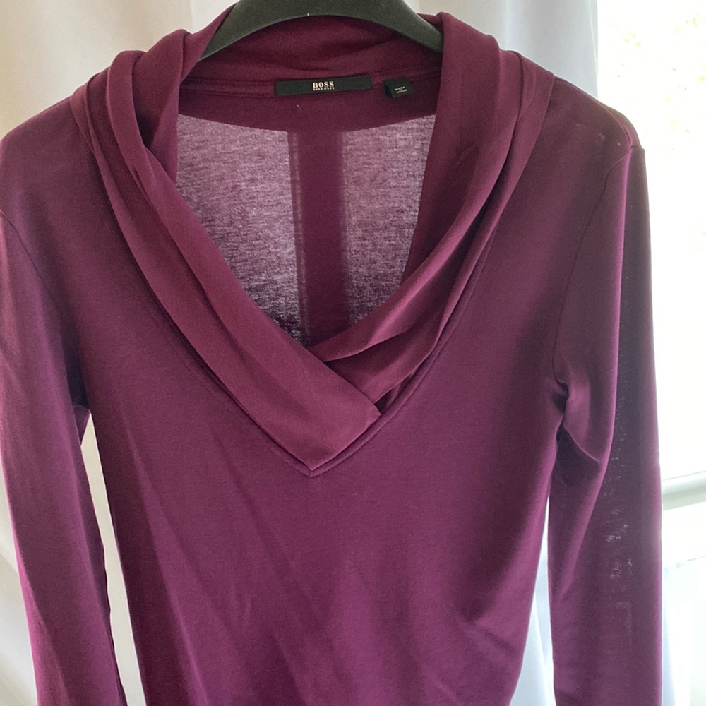 Hugo Boss Plum Cotton & Sheer V-Neck Shirt, XS